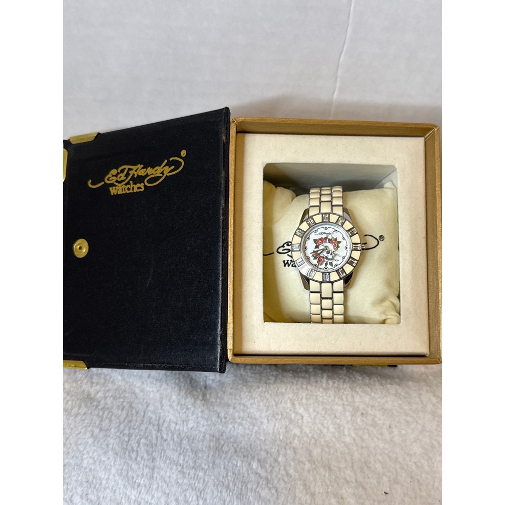 NIB NWT VTG Ed Hardy Stainless Steel Watch Skull CH-WS5545 Cream COA READ
